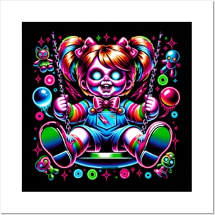 Possessed Doll on a Swing Neon Horror Halloween Creepy Posters and Art